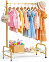 Sakugi clothes rack side view highlighting sturdy metal frame and wooden hooks for easy organization.