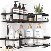 Sakugi corner shower caddy with adhesive installation for drill-free setup.