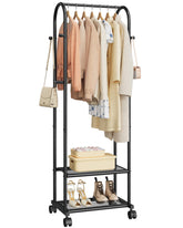 Sakugi heavy duty clothes rack with vertical frame saves floor space in tight rooms.
