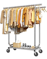 Sakugi heavy-duty rolling rack with mesh shelf for expanded garment storage