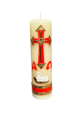 San Rafael Arcangel Cirio Pascual Rojo candle for Easter vigil lighting.