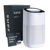 Sans HEPA 13 air purifier in white, front view showing clean, modern design