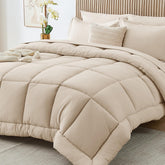 Sasttie Queen Comforter beige close-up showing plush microfiber softness for cozy warmth