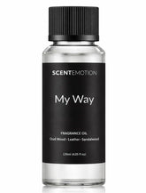 SCENTEMOTION My Way diffuser oil bottle showing leather and citrus notes for luxury ambiance.