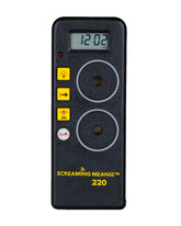 Screaming Meanie 220 alarm clock front view highlights compact design for easy pockets and quick wake-up.