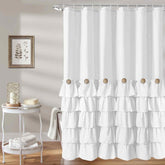 Seasonwood white ruffle shower curtain 72 by 72 inches with wood buttons for farmhouse charm