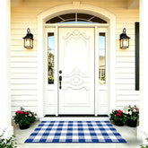 SEEKSEE buffalo plaid outdoor rug 3x5 in blue and white, ideal for porch layering.