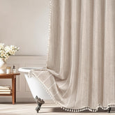 Seenus boho farmhouse linen shower curtain with tassels enhances rustic bathroom style.