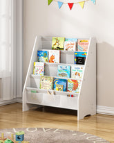 SEIRIONE 4-tier kids bookshelf with wood and fabric for upright, accessible storage