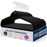 SereneLife velvet hangers in black: a 100-pack for tidy wardrobes.