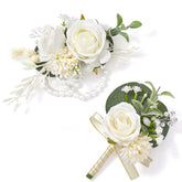 Serwalin white rose corsage wrist detail for elegant wedding styling.