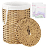 SETVSON round wicker laundry hamper front view with lid showing durable storage