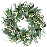 Sggvecsy artificial eucalyptus wreath closeup with lush green leaves for vibrant home decor.