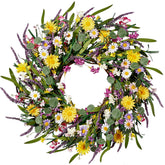 Sggvecsy daisy and lavender wreath on front door, welcoming color and texture.