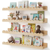 Shario nursery book shelves in wood floating 4-pack neatly organize children's books.