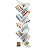SHEEPAM 10-tier tree bookshelf white front view showing organized books.