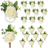 Sherr rose wrist corsage white, close-up shows elegant wedding accessory for guests.