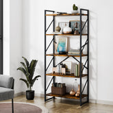 Shintenchi 5-tier bookshelf front view shows sturdy metal frame and spacious shelves.