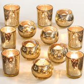 SHOHAYTO gold mercury glass votive set round tea-light holders add warm ambience.