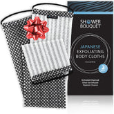 Shower Bouquet charcoal and silver-ion exfoliating washcloth designed for back exfoliation.