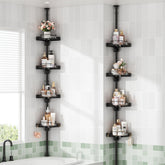 Shuang Qing 360° rotating corner caddy top shelf holds razors and bottles within easy reach.