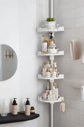 Shuang Qing 360° rotating corner shower caddy with four-tier shelves for easy access.