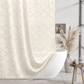 Siiluminisoy Cream Boho Shower Curtain, overall view, adds chic style while helping keep water off floors.