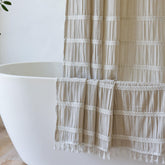 Siiluminisoy Cream Shower Curtain front view with rustic striped design for farmhouse bathrooms.