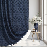 Siiluminisoy navy blue shower curtain full view for stylish bathroom privacy and splash containment.