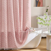 Siiluminisoy pink shower curtain keeps water off the floor and adds style.