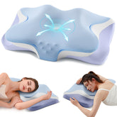 Silkena cervical pillow with ice blue cover provides cooling comfort.