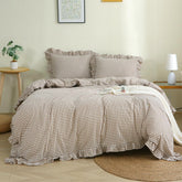 Silnuo duvet cover king, front view, taupe and white plaid for cozy rustic bedroom.