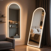 Simple Deluxe 71x26 arched LED mirror front view with bright, even illumination for full outfit checks.
