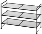 Simple Houseware 3-Tier Stackable Mesh Shoe Rack in black stores up to nine pairs.