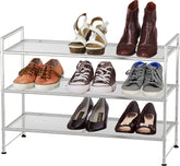 Simple Houseware 3-Tier Mesh Shoe Rack in silver front view, space-saving design