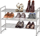 Simple Houseware 3-tier stackable shoes rack in silver, ideal for saving closet space.