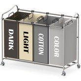 Simple Houseware 4-Bag Sorter frame on wheels enables easy laundry organization.