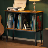 Simple Serenity record-player-stand side view highlights space-saving living room setup