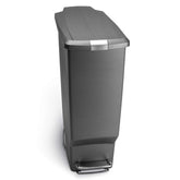 simplehuman 40L slim kitchen trash can front view shows space-saving profile for compact kitchens