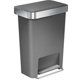 Simplehuman 45L rectangular trash can front view with quiet, smooth action