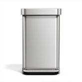 simplehuman 45L rectangular trash can front view with brushed stainless steel and soft-close lid.