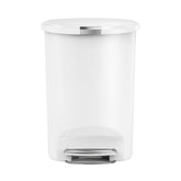 Simplehuman 50-liter semi-round step bin against the wall for space-efficient kitchen setup.