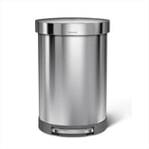 simplehuman 60L semi-round trash can front view showing space-saving design for busy kitchens.