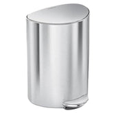 simplehuman 6L semi-round can in brushed steel, fits flush against walls.