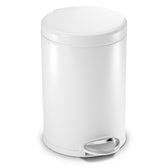 simplehuman 4.5L bathroom trash can in white steel, space-saving design.