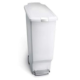 simplehuman slim kitchen trash can 40L fits tight spaces and keeps a neat look.