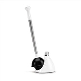 simplehuman toilet plunger and caddy in stainless steel and white with tidy storage.