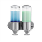 simplehuman twin wall-mount pumps in brushed stainless steel for shower organization.