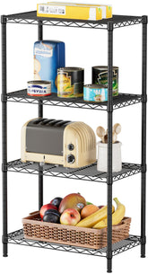 SINGAYE four-tier wire shelving unit neatly organizes pantry items with adjustable shelves.
