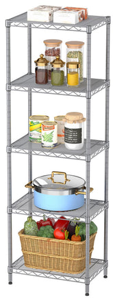 SINGAYE 5-tier shelf mesh frame showcases sturdy storage for laundry, pantry, or kitchen organization.